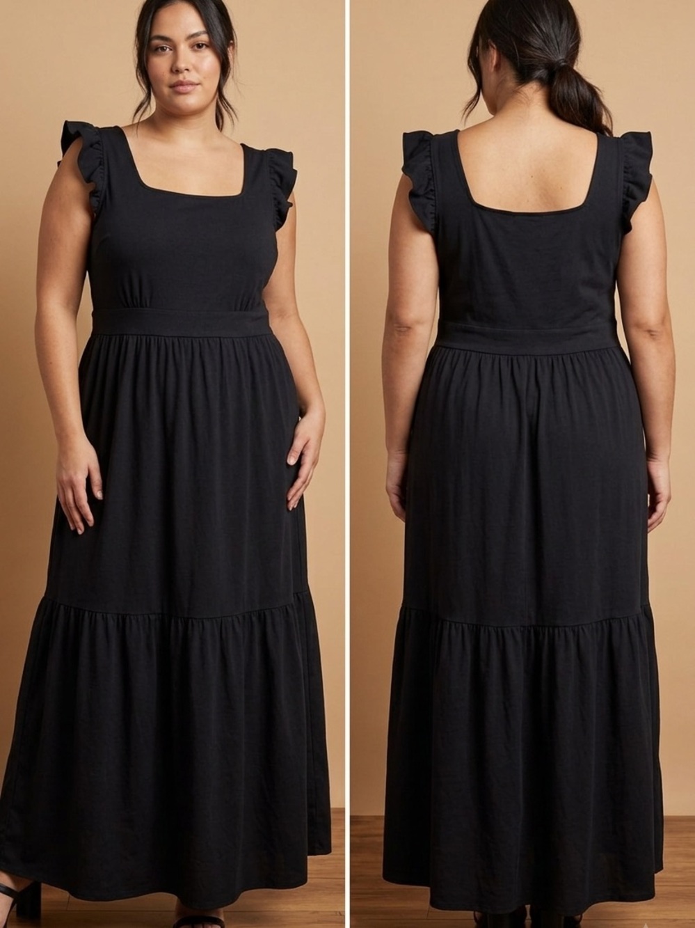 AnyBody Black Square-Neck Maxi Dress with Ruffle Sleeves